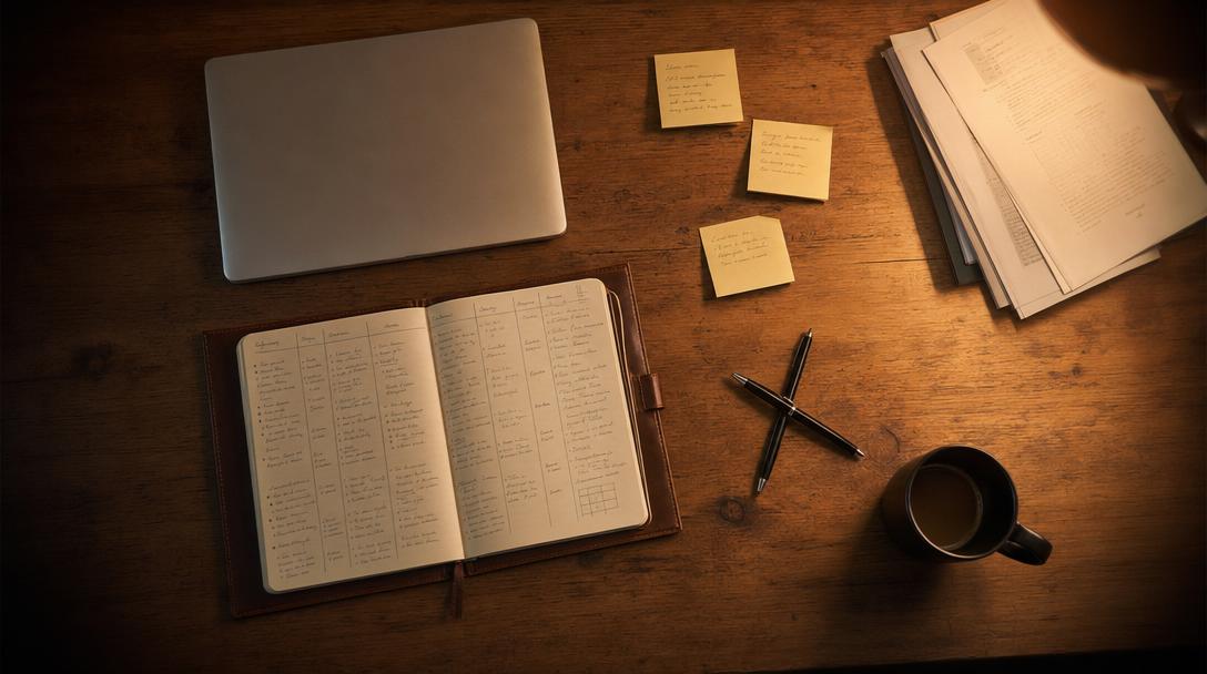 Top-down view of an operator's wooden desk at evening: open leather notebook with hand-written structured columns, closed silver laptop, three yellow sticky notes, two crossed black pens, a black ceramic coffee mug, a small stack of printed papers